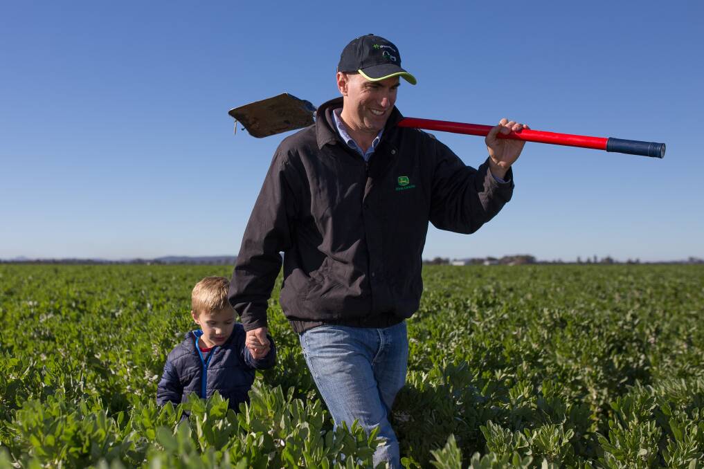 Crop check: Brendon Warnock and his son Ryan checking crops on the Warnock family Farms near Narrabri. Photos: John Burgess 