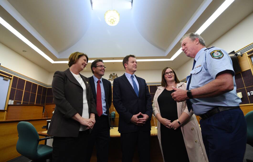 DRIVER HOPE: Roads Minister Melinda Pavey, Kevin Anderson, Mark Speakman, Sarah Mitchell and Geoff McKechnie make the announcement in Tamworth courthouse. Photo: Gareth Gardner