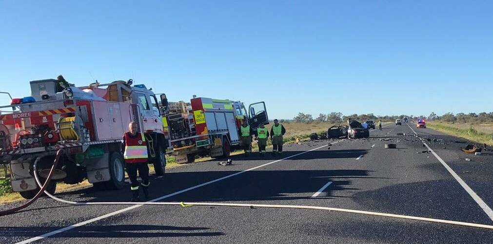 WRECKAGE: Emergency services at the scene following the head-on collision just north of Gurley, on July 8. Photo: Live Traffic NSW