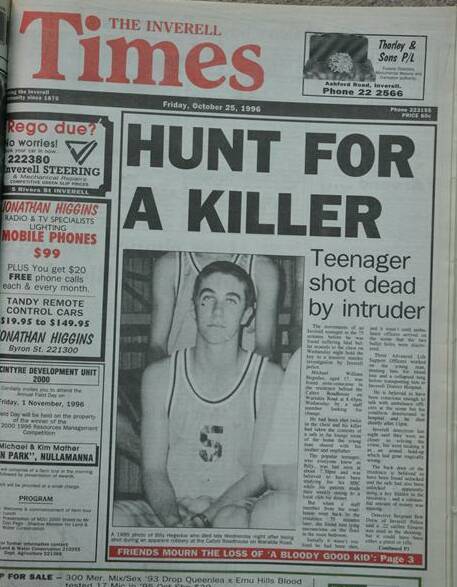 Manhunt: The front page of The Inverell Times as police searched for the intruder that murdered Billy in the wake of his death.