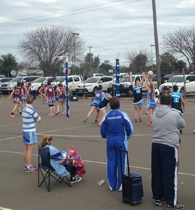 Netballers in action on the court for league kick-off at Narrabri last weekend. Play resumes on August 7 at Tamworth.