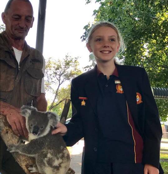 TODAY'S LEADER: The 2017 Yetman Public School captain this with Geoff Wilkins and Rachel the koala who visited the school on Monday, March 27. Photo contributed by Amanda Delanty
