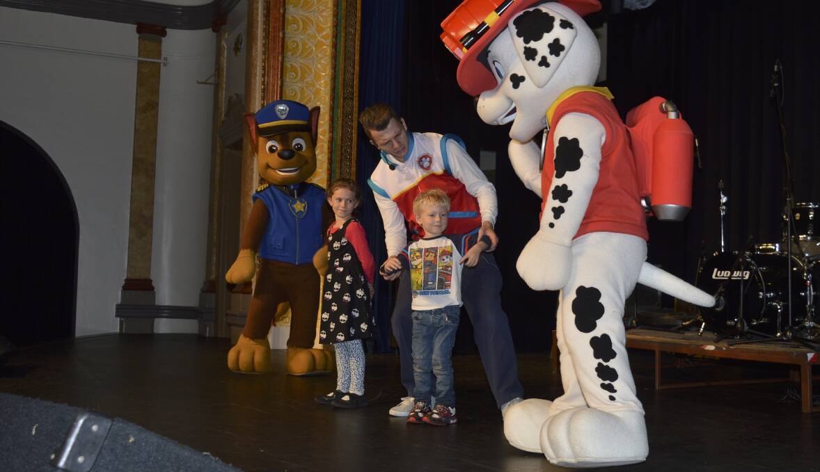 Rare chance: Danika Higgins and Nicholas Margery were invited onto the Town Hall stage with Paw Patrol. Photo by Harold Konz