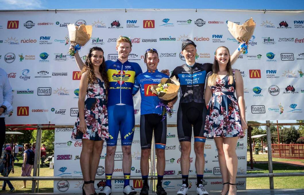 TIMES TO BEAT: 2016 Grafton to Inverell Cycle Classic winner Patrick Lane flanked by placegetters Nathan Elliott (left) and Patrick Shaw (right). Photo: ESO Sports Photography