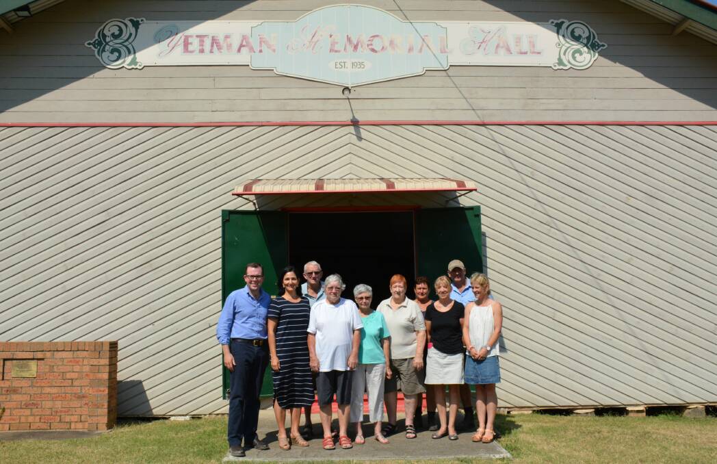  Northern Tablelands MP Adam Marshall with Yetman locals Jocelyn Seville, Tod Gaston, Lorna Kimmorly, Gwen Hallam, Marie Crumpton, Iris Barry, Colin Dight and Kate Dight in front of the newly renovated Yetman War Memorial Hall.