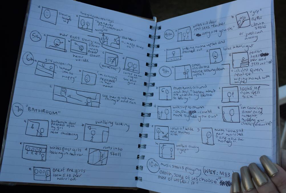 Emma has begun creating a storyboard for her film. 
A storyboard is a visual map of how the director and/or cinematographer plans to shoot each scene of the story. The simple pictures indicate each shot type (establishing, medium, close up, etc) and how the camera will move (zoom in, pan right, drone shot overhead, etc). 