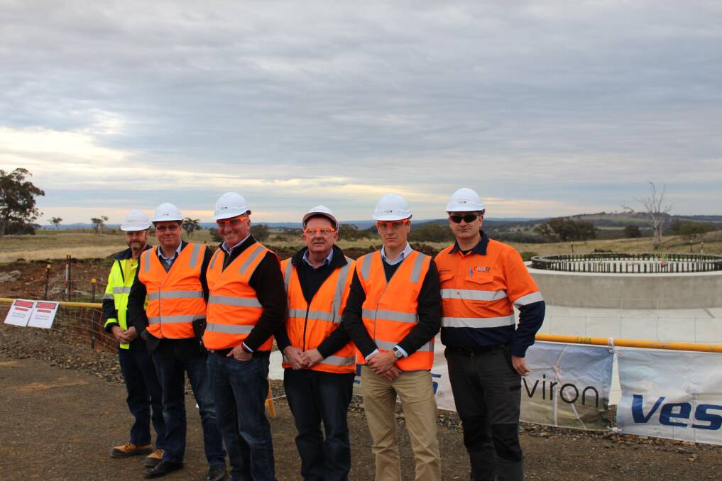 Consortium manager (Vestas/Zenviron) Leigh Walters, CWP CEO Alex Hewitt, acting Prime Minister Barnaby Joyce,  Zenviron GM Carl Keating, CWP head of development Ed Mounsey and CWP construction project manager Andrew Houston at one of the wind turbines under construction at the Sapphire Wind Farm near Glen Innes.