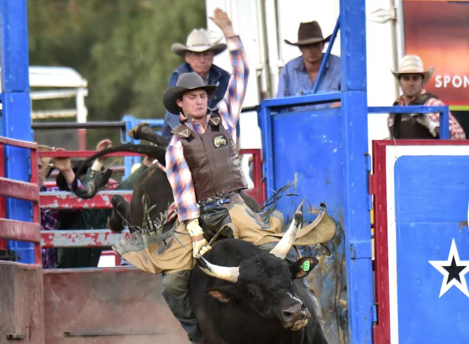 EIGHT SECONDS: Jackson Gill leaves the chute on board Pancho.  Photo by Dave Ethell.