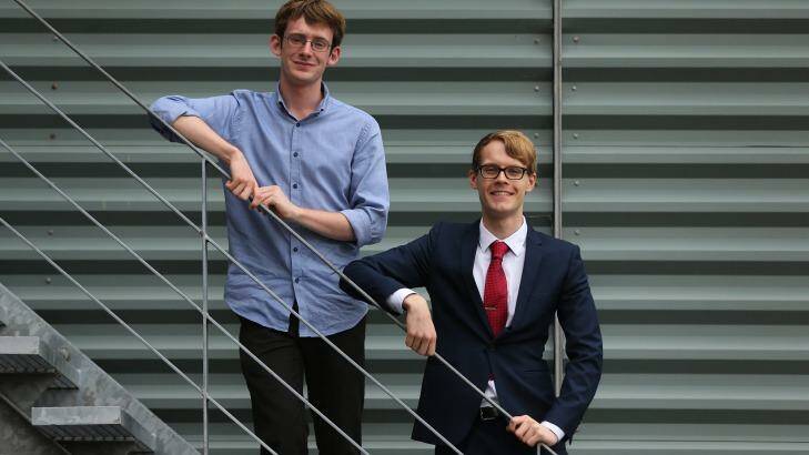 Sydney Grammar School student Grant Kynaston (left) who came first in four subjects and Fort Street High School student Janek Drevikovsky who came first in five subjects. Photo: Kate Geraghty
