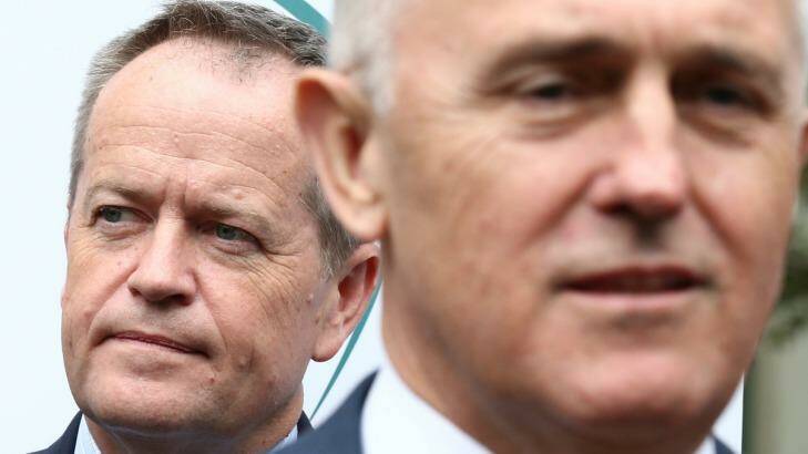 Opposition Leader Bill Shorten and Mr Turnbull during the launch of the 2015 National Day of Unity at Parliament House on Tuesday. Photo: Alex Ellinghausen