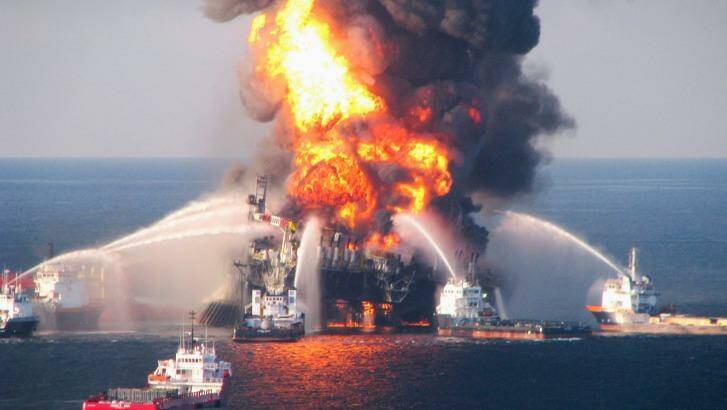 Fire boat response crews battle the blazing remnants of the offshore oil rig Deepwater Horizon, off Louisiana, in 2010.

