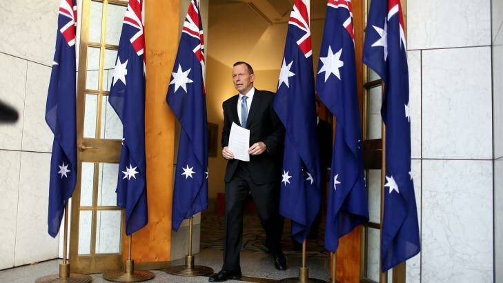 Prime Minister Tony Abbott arrives for the announcement at Parliament House on Monday May 25.  Photo: Alex Ellinghausen
