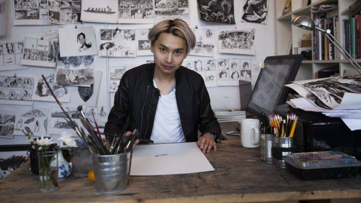 Sydney artist Matt Huynh in his studio working on <i>The Boat</i>. Photo: Christopher Farber