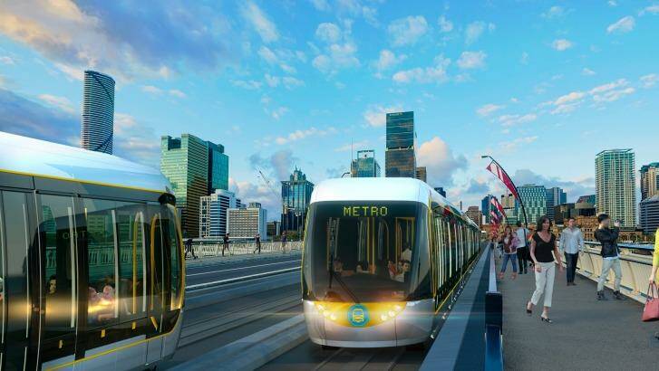 An artists' impression of the proposed Brisbane Metro crossing the Victoria Bridge. Photo: Brisbane City Council
