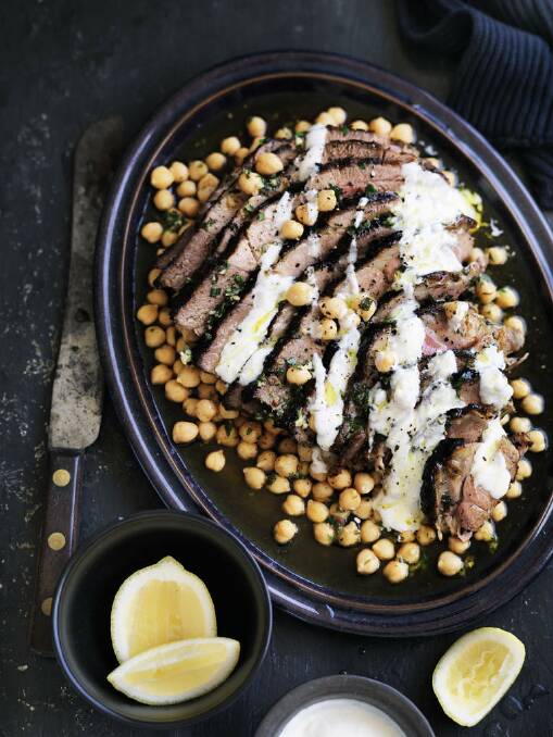 Neil Perry's marinated lamb leg with chickpea salad and garlic yoghurt dressing <a href="http://www.goodfood.com.au/good-food/cook/recipe/marinated-lamb-leg-with-chickpea-salad-and-garlic-yoghurt-dressing-20120424-29tzz.html?aggregate=513278"><b>(recipe here).</b></a> Photo: William Meppem