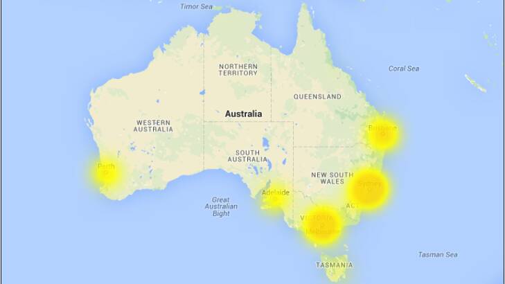A map of areas affected by outages on the Australian Telstra network. Photo: Telstra