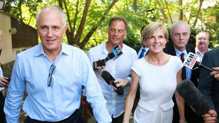 Malcolm Turnbull and Julie Bishop arrive at Rosemont House in Woollahra for Liberal Party fundraiser in February. Photo: Edwina Pickles