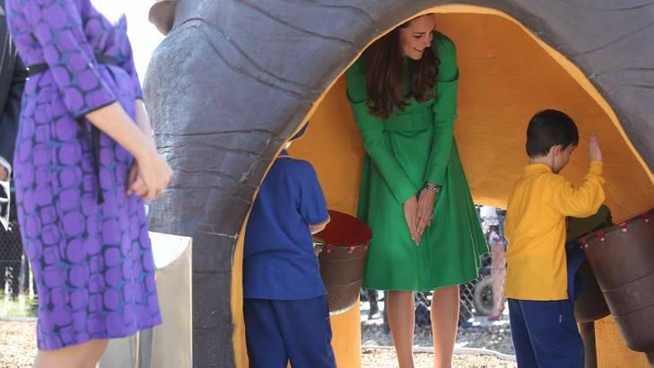 Catherine, Duchess of Cambridge, tours the Pod playground at the National Arboretum in Canberra. Photo: Alex Ellinghausen