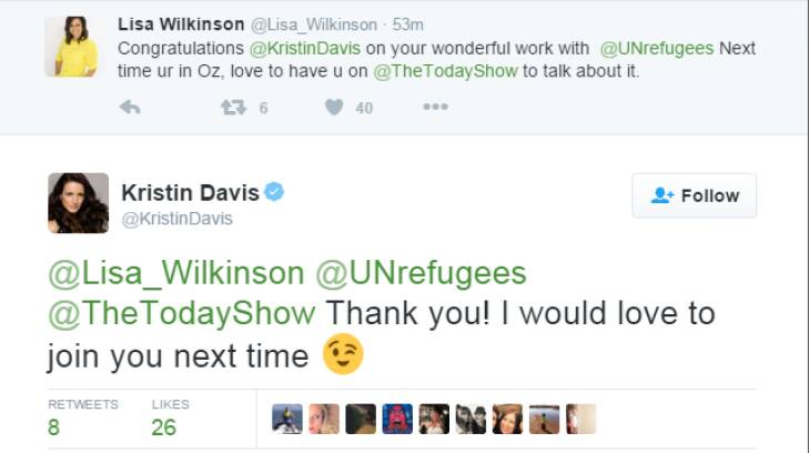Kristin Davis sent Lisa Wilkinson a 'winky' emoji on Twitter after her train wreck turn on rival Sunrise.  Photo: Twitter
