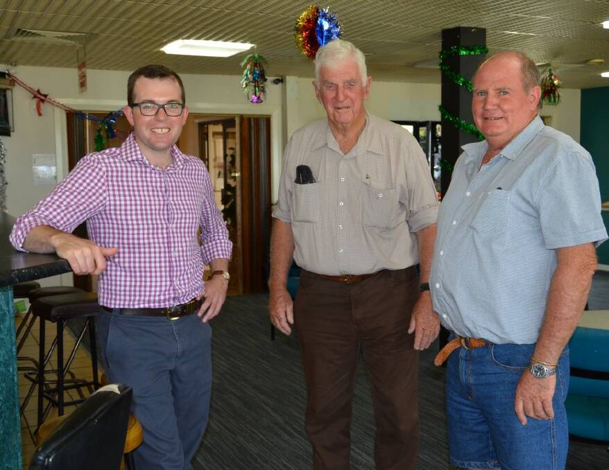 Member for Northern Tablelands Adam Marshall with Delungra Bowling Club member Tony Bayliss and licensee John Taylor.