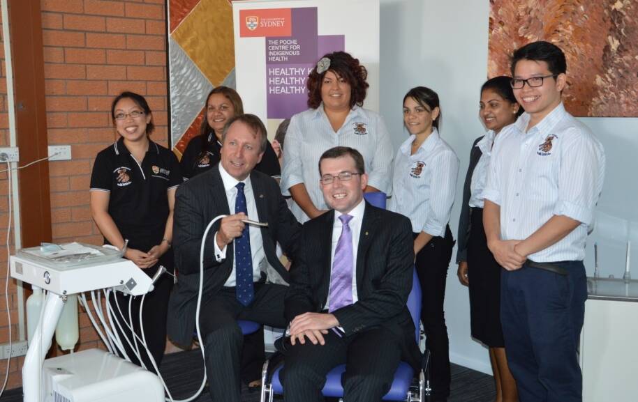 LET’S GET STARTED: (Back row) Armajan Aboriginal Health Service Dentist Dr Stephanie Chow, Dental Assistants Norma Binge, Rachel Williams, Anthea Torrens and dentists  Rajalakshmi Alagirisamy and Richard Lee pictured with Minister for Mental Health and Healthy Lifestyles Kevin Humphries and Member for Northern Tablelands Adam Marshall.