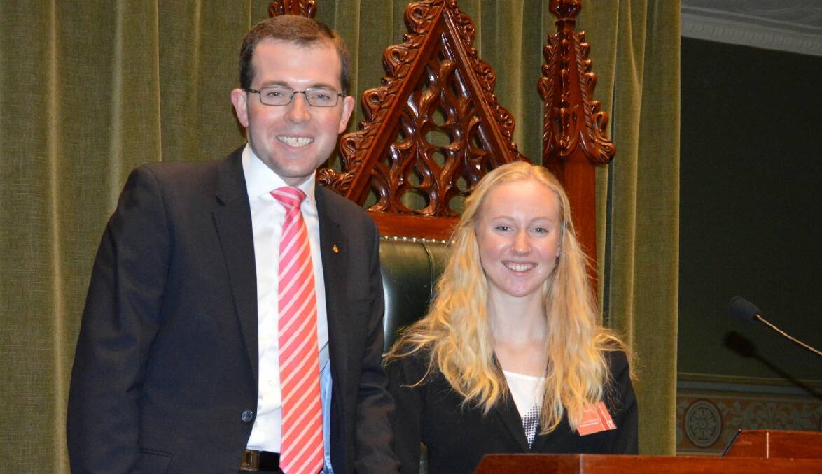 LEARNING THE GAME: Northern Tablelands MP Adam Marshall with Hannah Worsley, who was part of last week’s Youth Parliament.