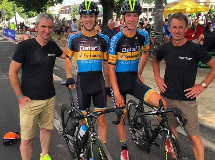 AFTER THE RACE: Ryan Thomas (second from left) with Peter Zijerveld (Dutch Olympic Cycling Federation), teammate Ben Carman and peter Richards (Teco Training). Photo: Data#3 Symantec.