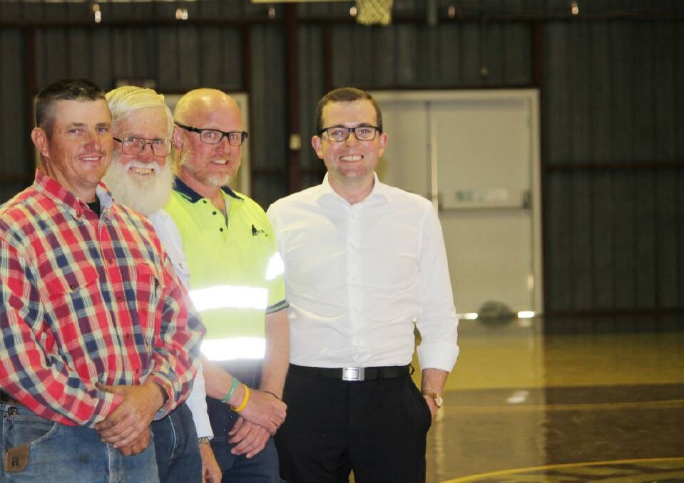 REPAIRS: Showground Trust chairman David Adams with trustee Bruce Turner, president of the Basketball Association, Tane Richards, and Member for Northern Tablelands, Adam Marshall.
