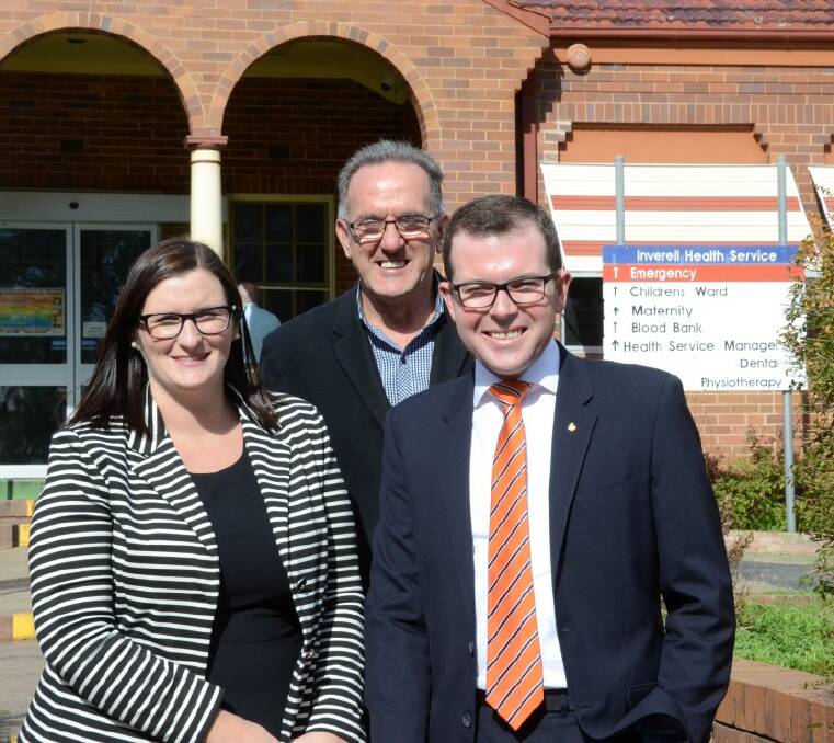 READY TO ROLL: Parliamentary Secretary for Regional and Rural Health Sarah Mitchell with Member for Northern Tablelands Adam Marshall and Deputy Mayor Anthony Michael at Inverell District Hospital yesterday.
