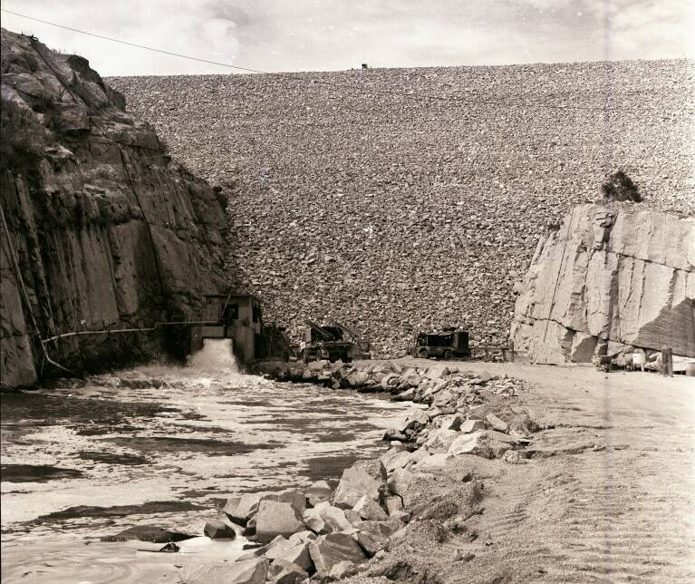 ORIGINAL: Copeton Dam's rock wall being constructed in 1973 with the spillway at the bottom.