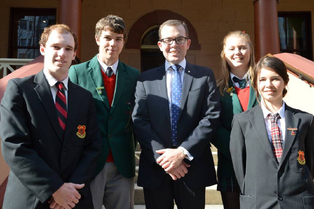 REPRESENTATIVES: Inverell student leaders Mitchell Lennon (Inverell High), Brendon Gleeson (Macintyre High), Member for Northern Tablelands Adam Marshall, Kate Turner (Macintyre High) and Madison Roussos (Inverell High) on the steps of State Parliament on Wednesday.