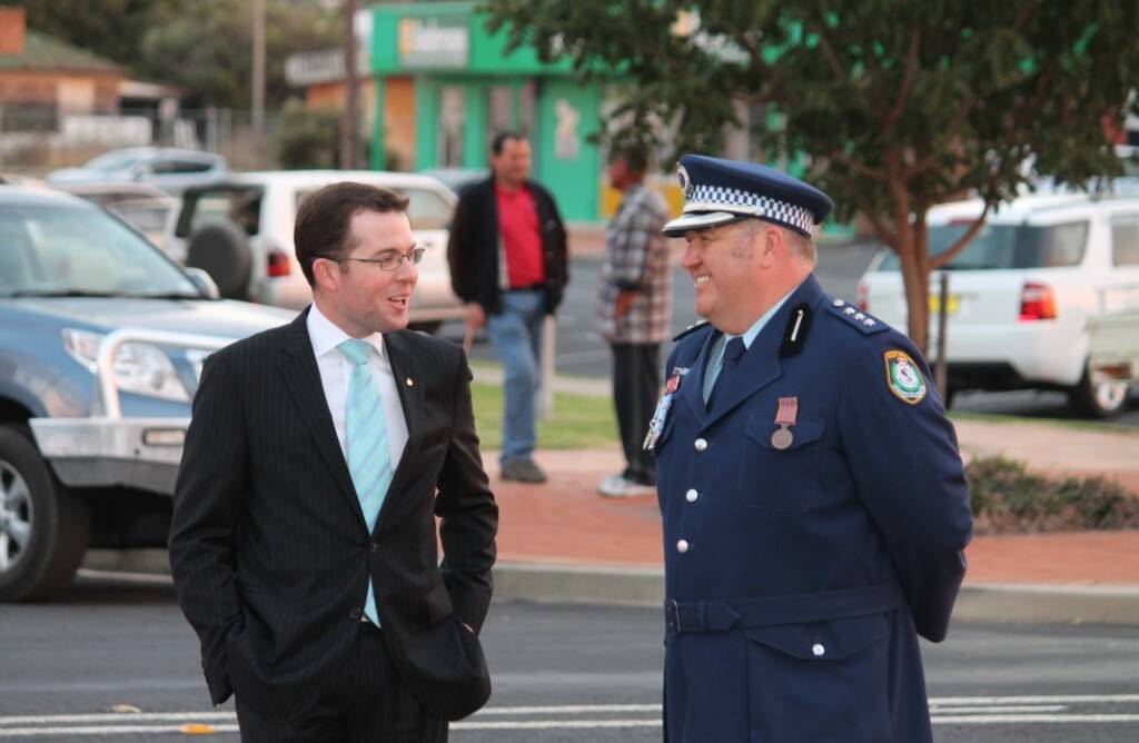 Member for Northern Tablelands Adam Marshall chats with Inspector Rowan O'Brien after the dawn service.