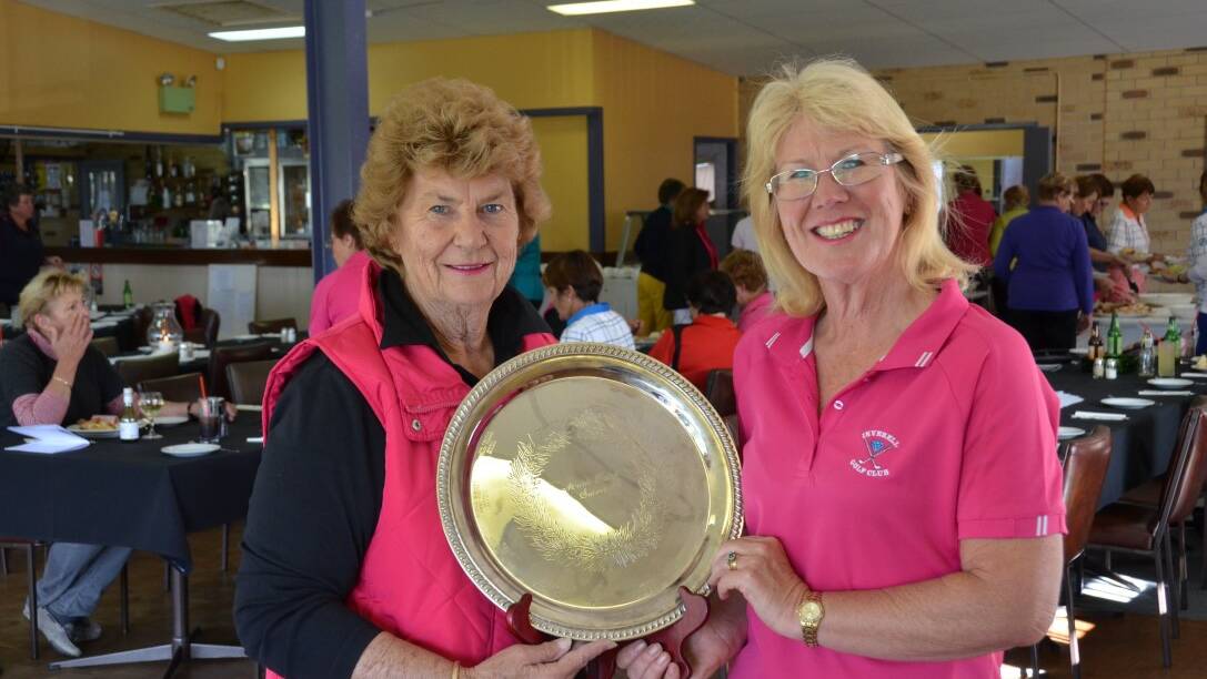 DAY ON THE GREEN: Ladies Golf president Lyn O’Brien with secretary Julie Clarke and the Marie Trim Salver