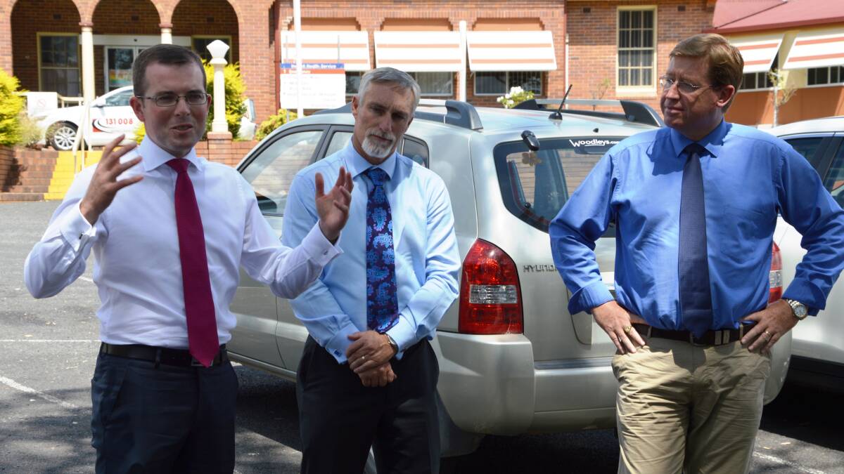 Northern Tablelands MP Adam Marshall with mayor Paul Harmon and deputy premier Troy Grant outside Inverell Hospital on Tuesday.