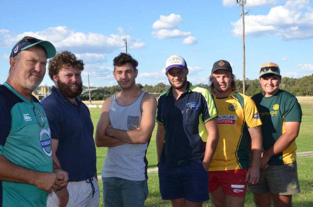 REPRESENTATIVES: Gary Walsh from NSW Rugby Union with Highlanders Tom Davidson, Joe Ferris, Dylan Lewis, Tom Apthorpe and Joel Sims.