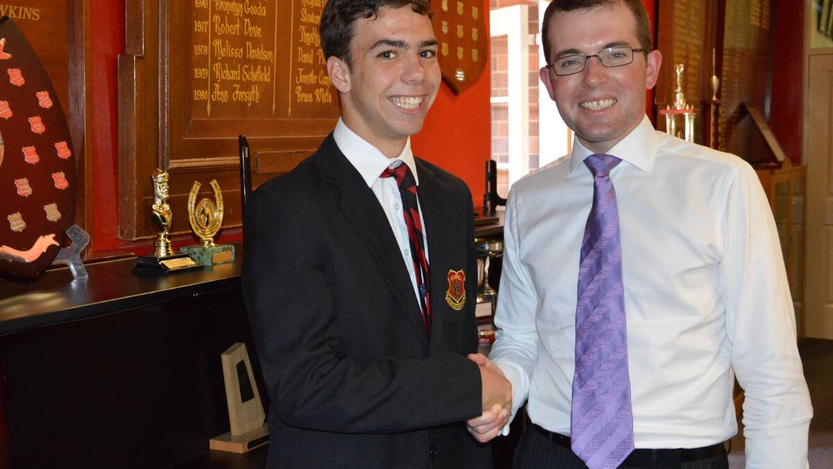 2015 Northern Tablelands Youth MP and Inverell High School Year 11 student Declan Drake congratulated by his elder counterpart Adam Marshall on his selection for the NSW Youth Parliament this year.