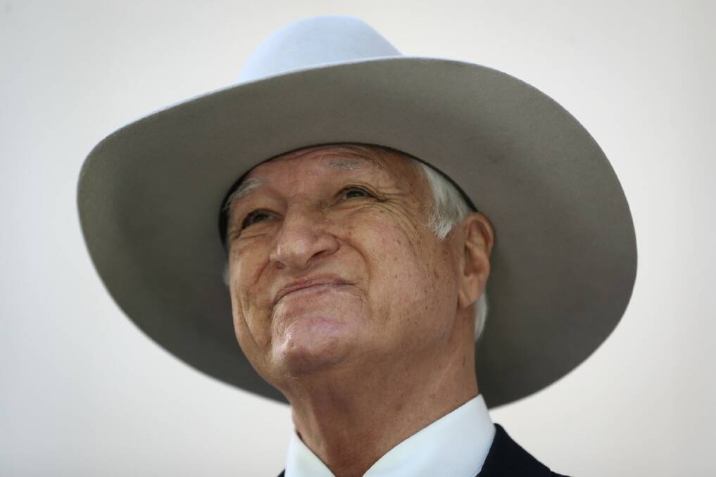 Bob Katter during a doorstop interview on seafood labelling at Parliament House in Canberra on Thursday 15 October 2015. Photo: Alex Ellinghausen