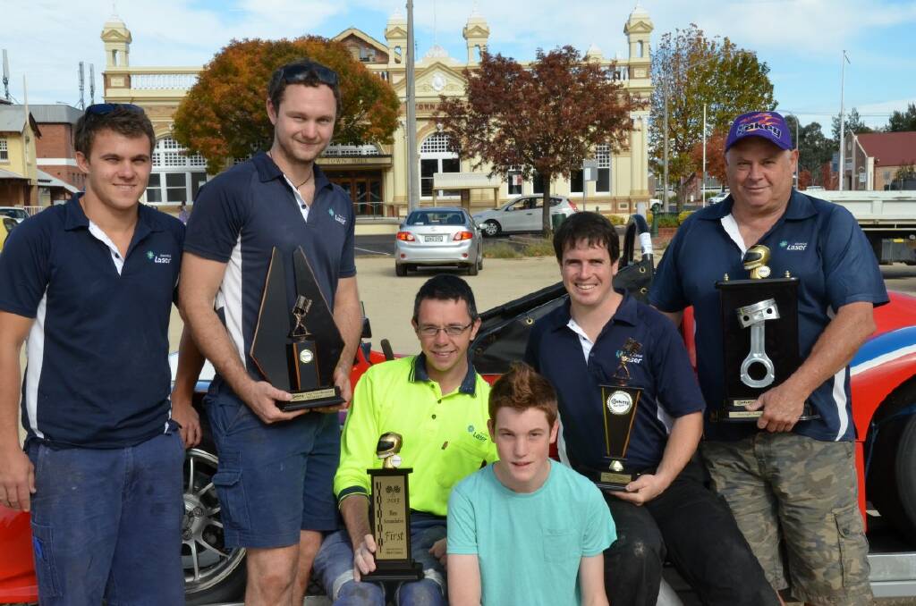 WINNING CREW: Chris ‘Gearbox’ Manuel, Mitch ‘Donk’ Anderson, Simon ‘Skippy’ White, James Johnston, Phillip ‘Fearless’ Inglis and Mark Trees display their trophies from Oakey.
