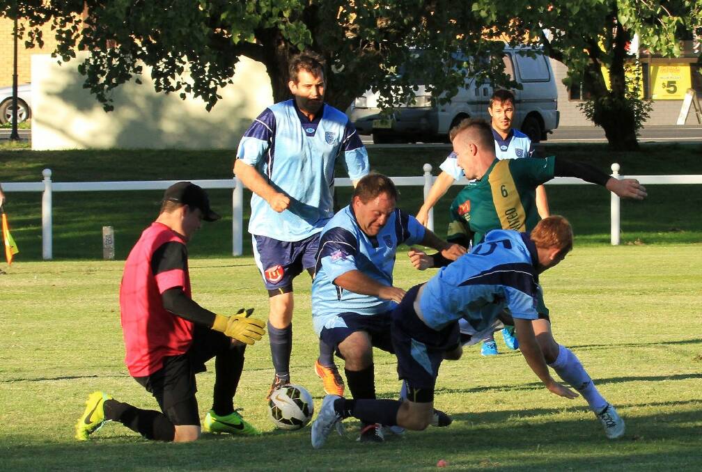 BELIEVE IT OR NOT: Jackson Haussler playing against Namoi United on Saturday, and he is about to score a goal.