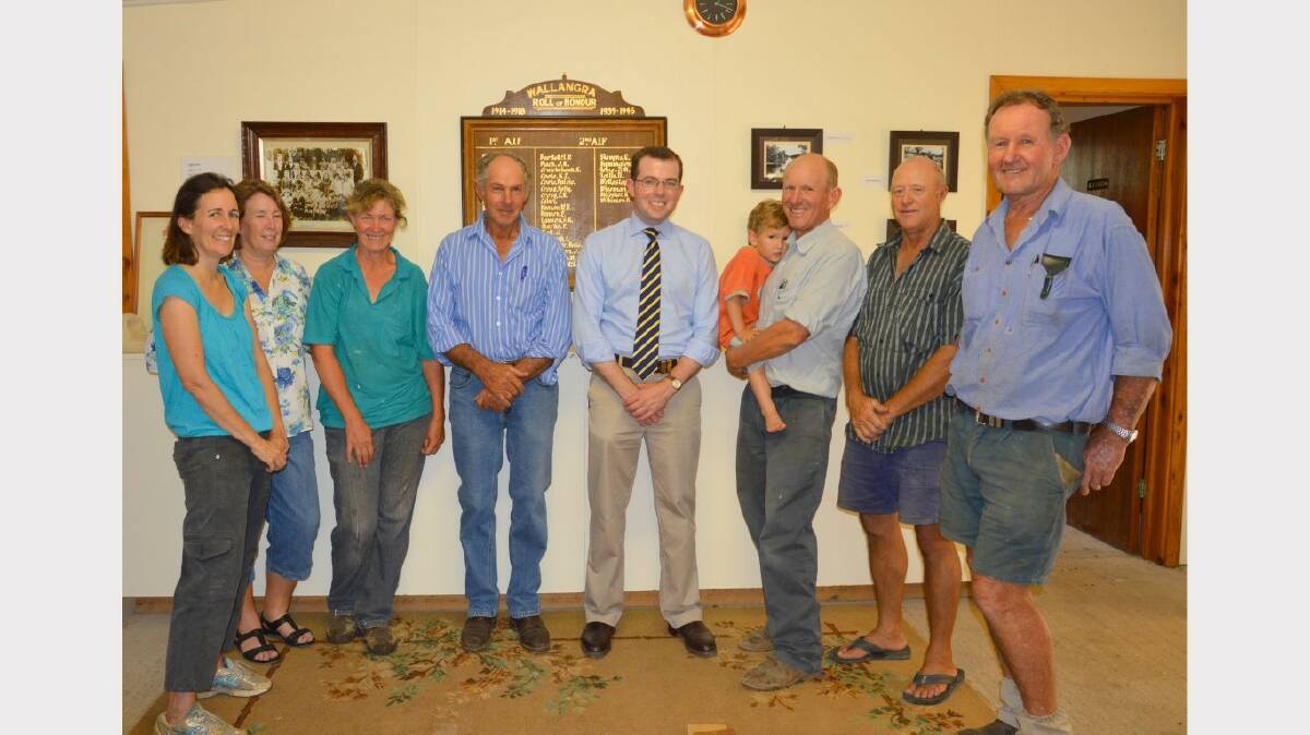READY FOR FESTIVAL: Member for Northern Tablelands Adam Marshall is pictured with members of the Wallangra War Memorial Hall trust. Pictured from left are Helen McCosker, Alice Watters, Una Thomas, President Ivan Rockemer, Adam Marshall, Mike McCosker with son Luke, Murray Thomas and Brian McCosker.