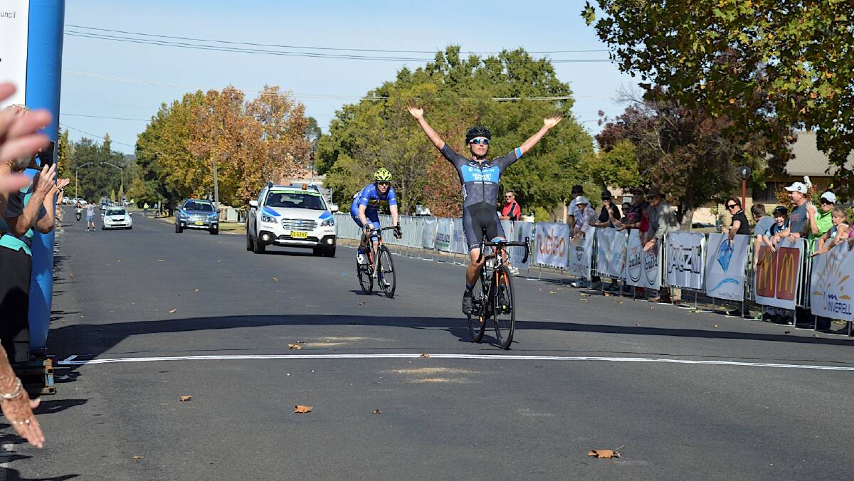 WINNER: Patrick Lane crosses the finish line ahead of runner-up Nathan Elliott in this year's Grafton to Inverell Classic.