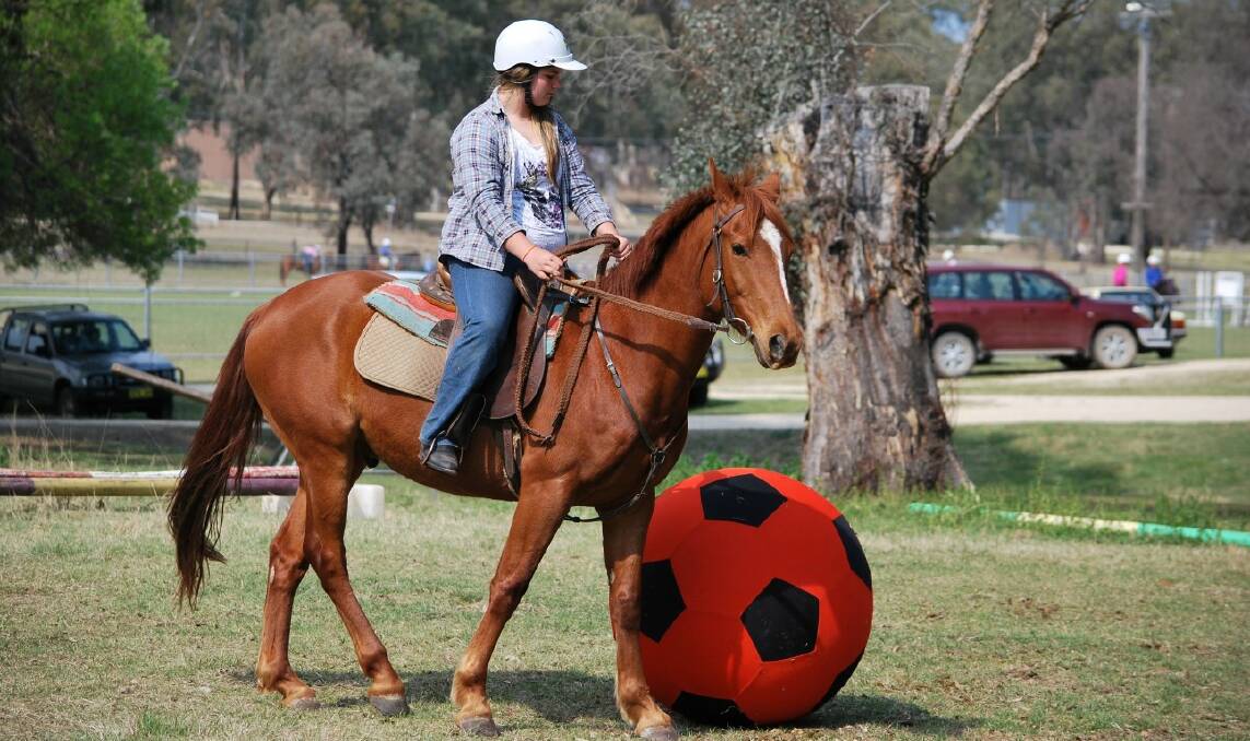 Kayleigh Schorder on Banjo enjoying the horse soccer ball.