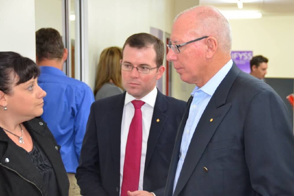 VISITOR: Youth Support worker Jacinta Marsh meets NSW Governor David Hurley at Pathfinders yesterday alongside Northern Tablelands MP Adam Marshall.