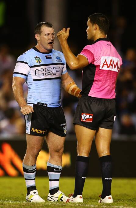 Paul Gallen of the Sharks disputes a try decision with referee Henry Perenara during the round seven NRL match between the Cronulla-Sutherland Sharks and the Sydney Roosters at Remondis Stadium on April 19, 2014 in Sydney, Australia. Photo: Mark Nolan/Getty Images.