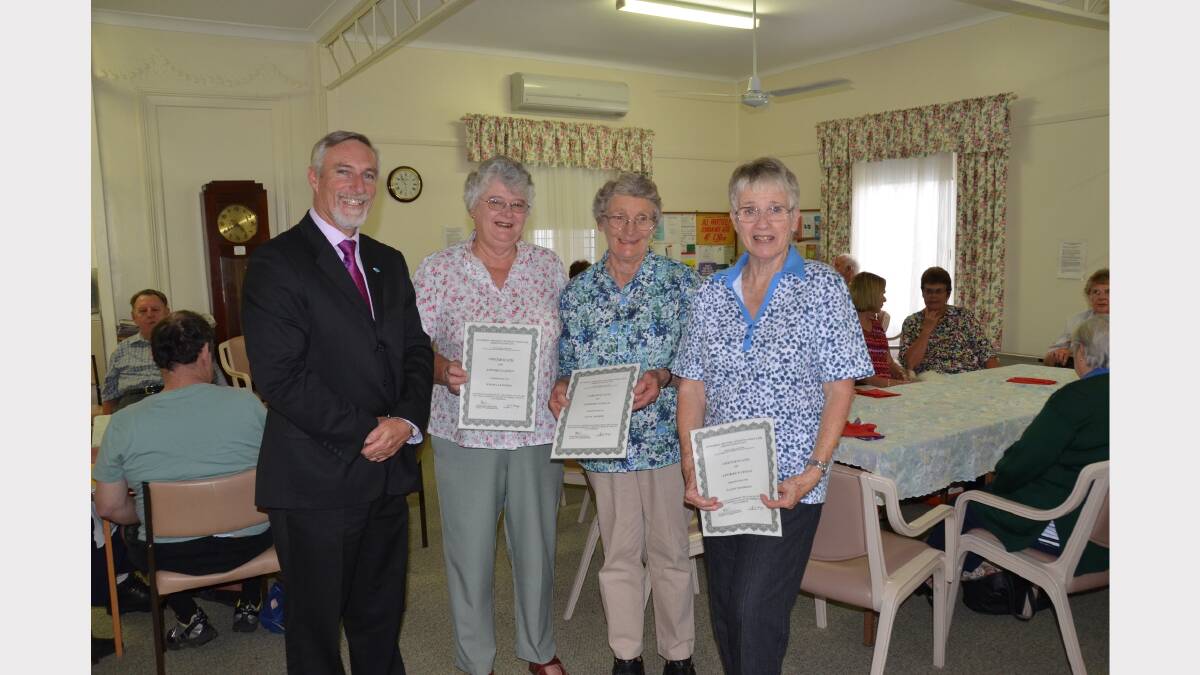 Mayor Paul Harmon with long-serving volunteers Wendy Limberg, Anna Morse and Janet Hobson at the Meals on Wheels celebratory morning tea.