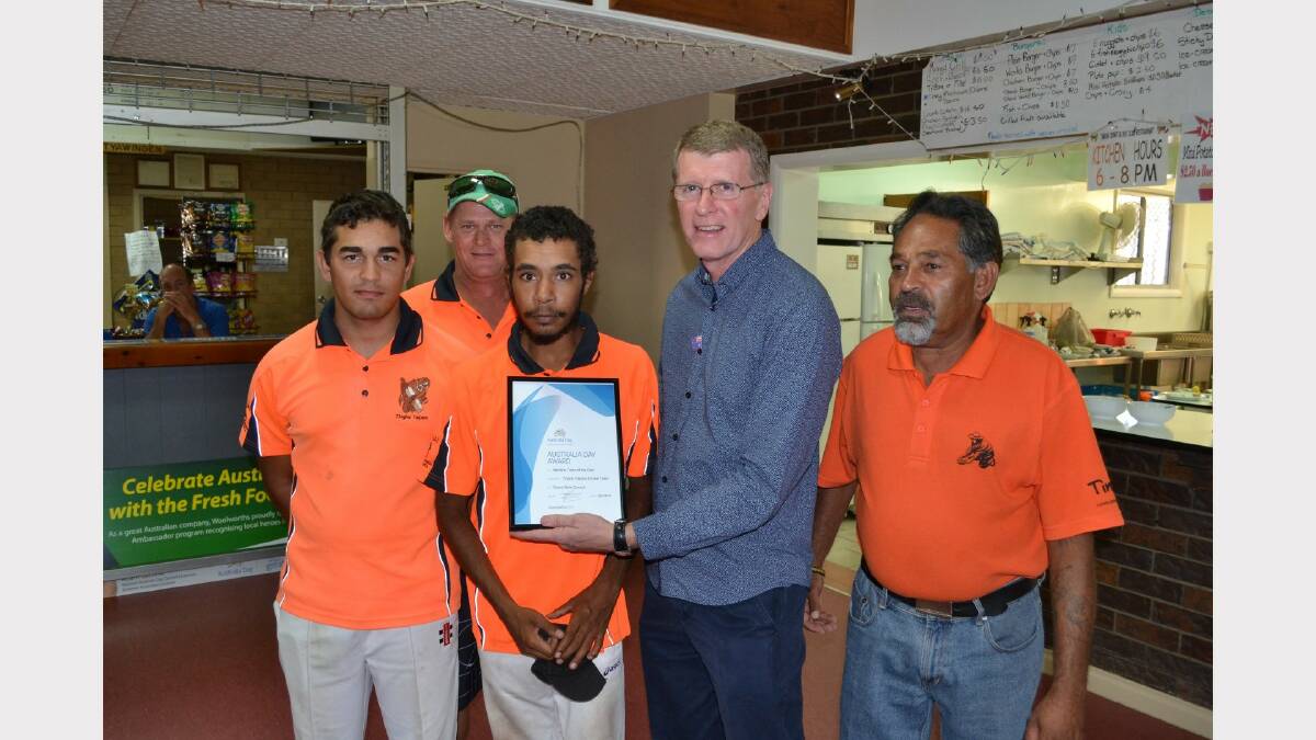 The Tingha Sporting Team of the Year was the Taipans Cricket Team. John Watkins presented the award to representatives (l-r) Corey Livermore, Darren Gates, Ingram Williams and Gregory Livermore.