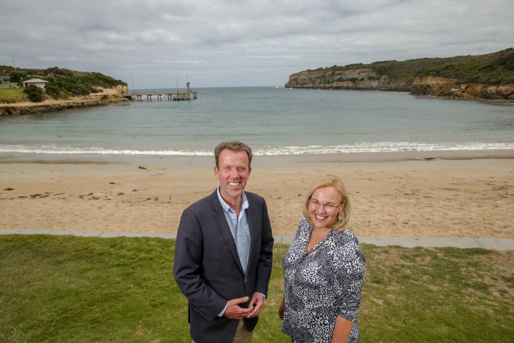 Tourism Australia CEO Phillipa Harrison joined member for Wannon Dan Tehan to announce $19.55 million to upgrade the Great Ocean Road. Photo: Chris Doheny