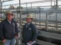 H. Francis and Co agents Scott Myer and Alex Croker with a pen of 13 Angus heifers, 238kg, with Te Mania blood sold for $1470.
