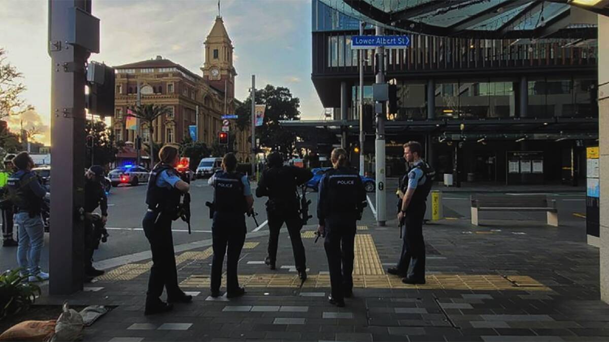 Police on the scene in Auckland CBD following a shooting at a construction site. Picture by AAP Image/Supplied