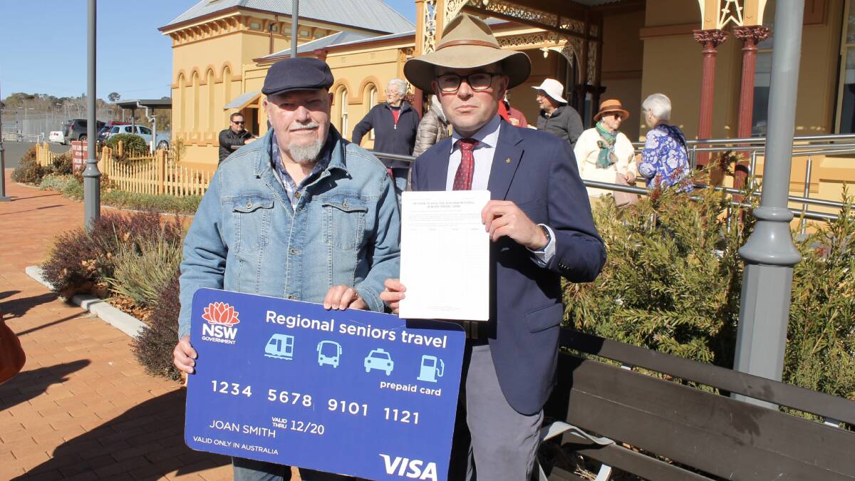 Northern Tablelands MP Adam Marshall launches a community petition to save the $250 Regional Seniors Travel Card, alongside Armidale University of the Third Age treasurer Doug Barber. Picture supplied